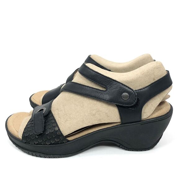 NEW OpBx Halsa Sandals 8.5 Clara Leather Mid Wedge Heels Shoes Ankle Strap Black - Picture 5 of 12